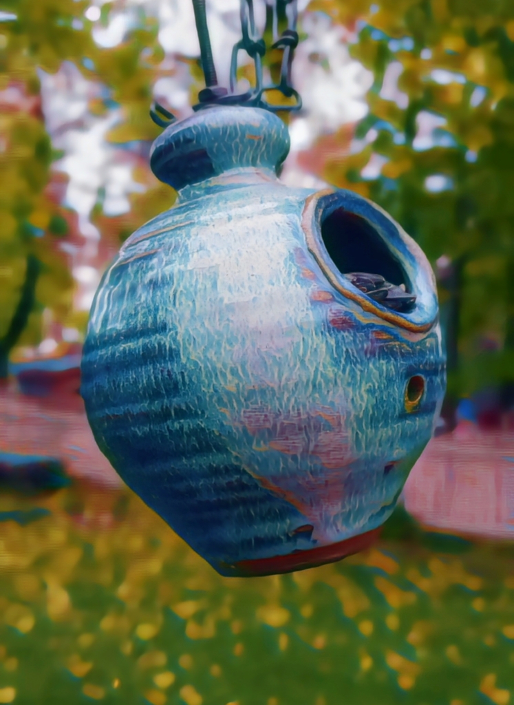 An artfully altered photo of a blue pottery bird feeder.